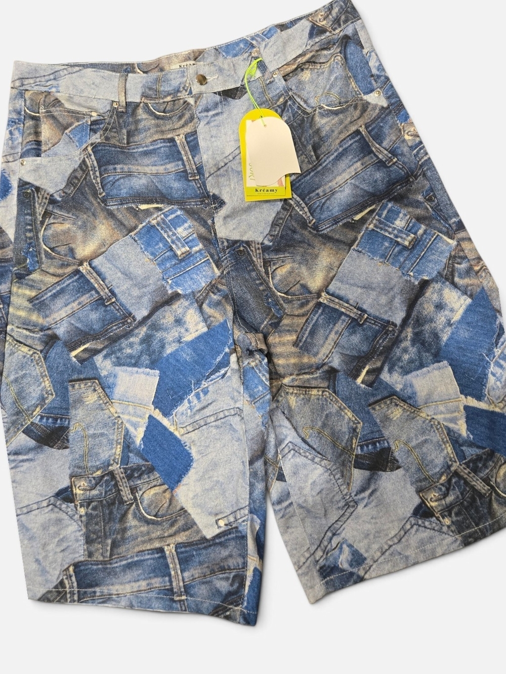Women Patchwork Denim-Print Shorts - Blue